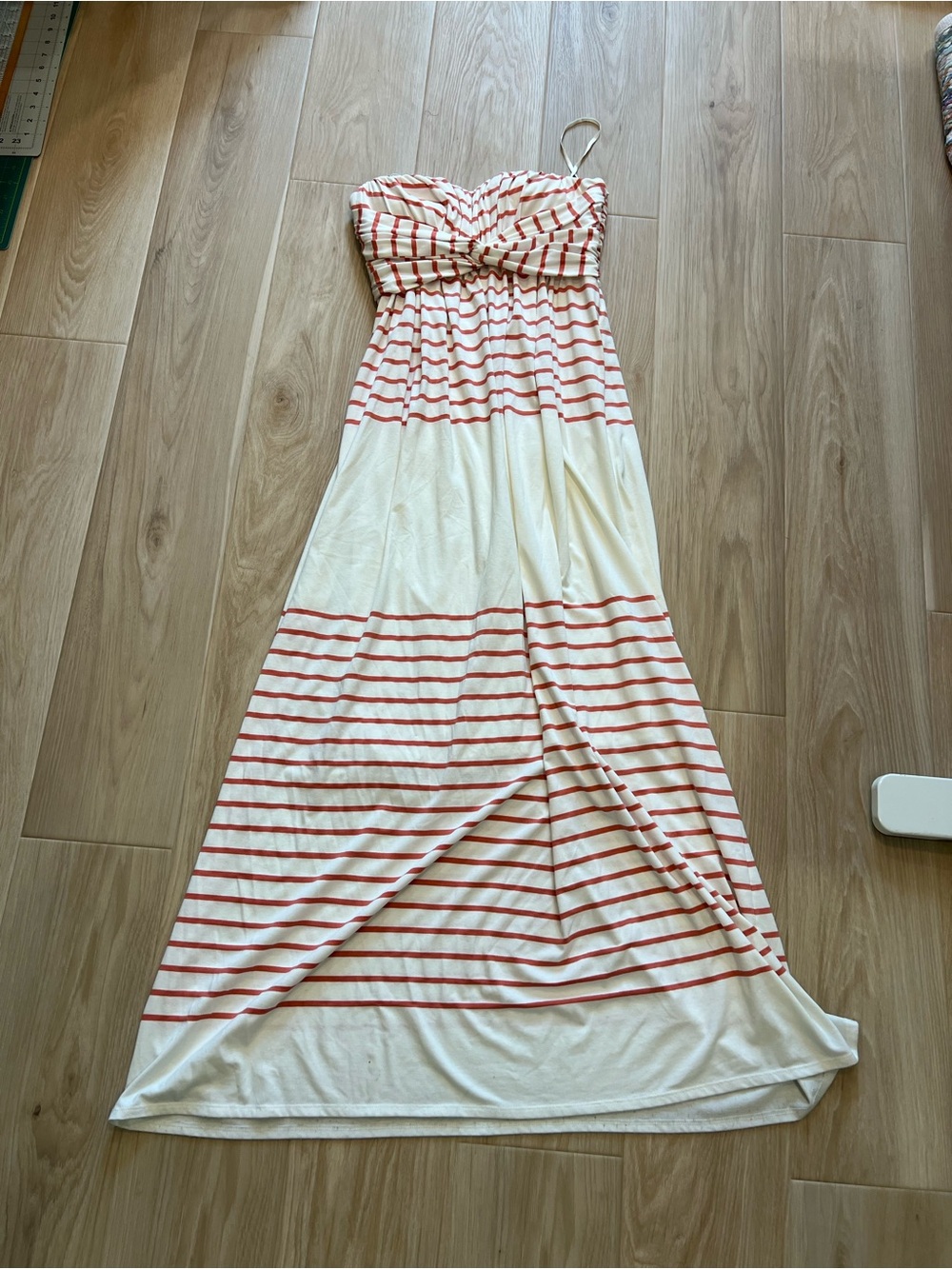 Jessica Simpson Cream and Coral Striped Strapless Maxi Dress